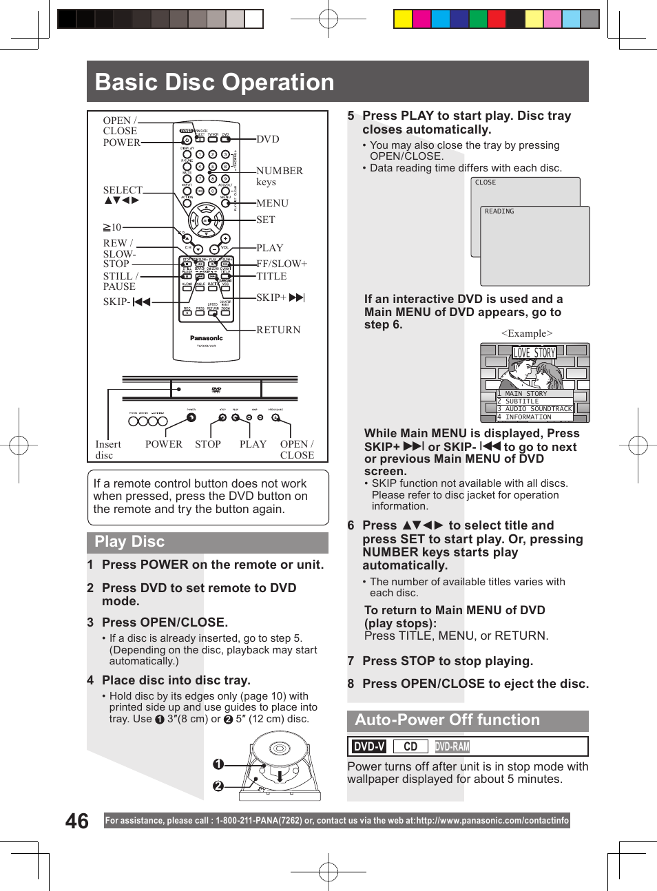 Disc operation, Basic disc operation, Play disc | Auto-power off function, Love story | Panasonic PV-DF204 User Manual | Page 46 / 84