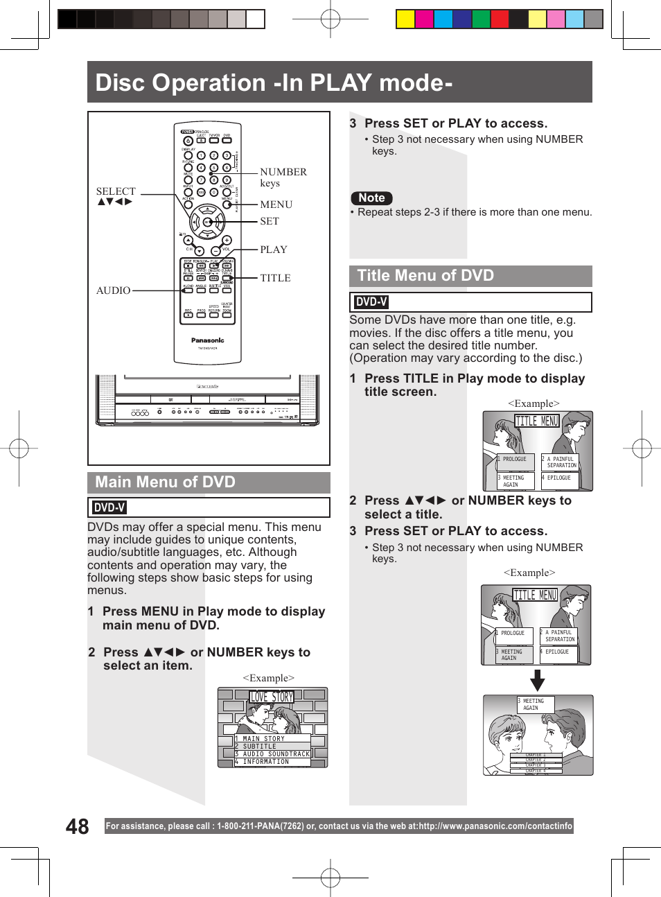 Disc operation -in play mode, Main menu of dvd title menu of dvd, Title menu | Love story | Panasonic PV-DF204 User Manual | Page 48 / 84