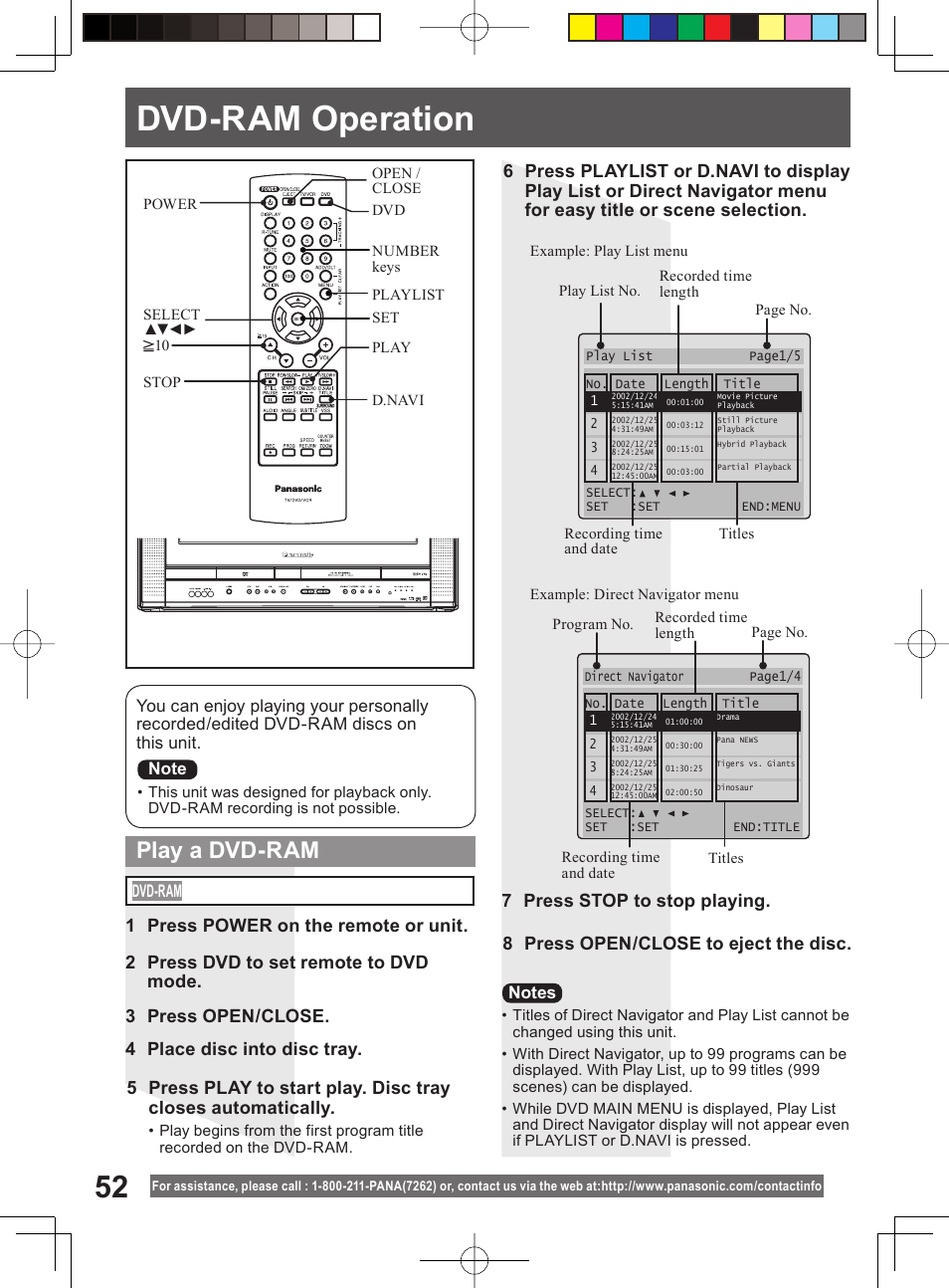 Dvd-ram operation, Play a dvd-ram, 2 press dvd to set remote to dvd mode | Panasonic PV-DF204 User Manual | Page 52 / 84