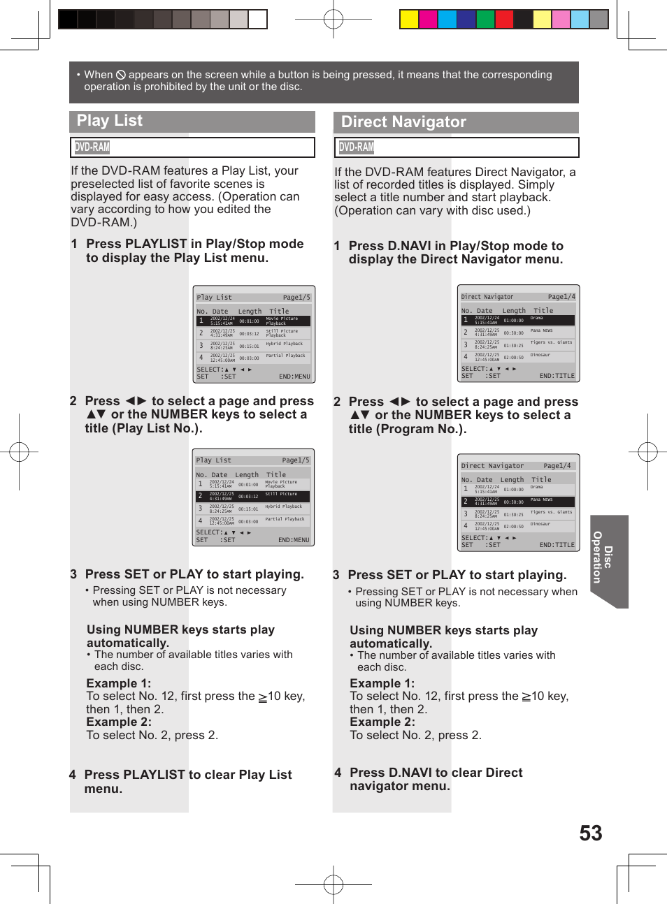 Direct navigator, Play list, 4 press playlist to clear play list menu | 3 press set or play to start playing, Using number keys starts play automatically, Dvd-ram, Dis c op erat ion | Panasonic PV-DF204 User Manual | Page 53 / 84