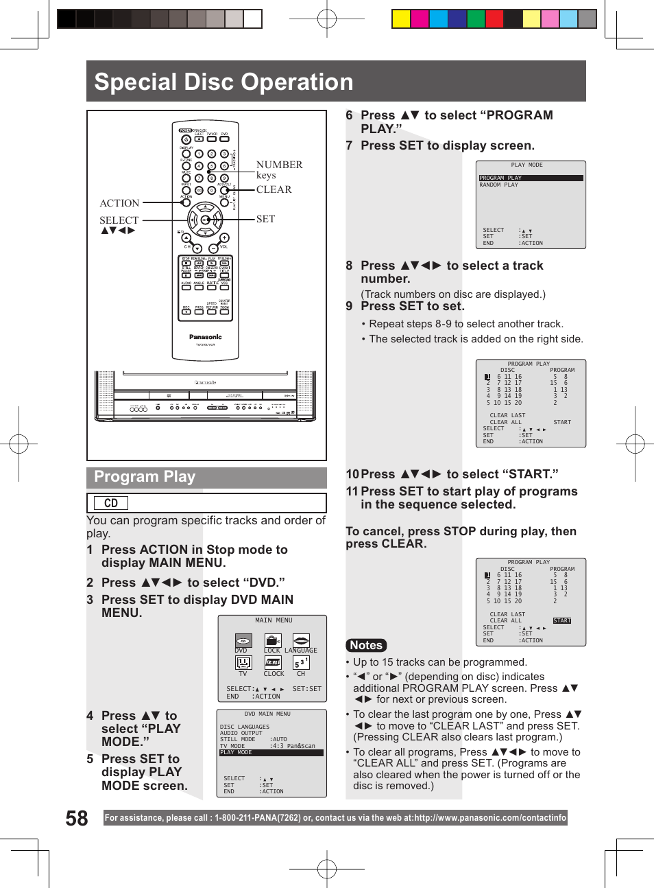 Special disc operation, Program play, 9 press set to set | You can program specific tracks and order of play | Panasonic PV-DF204 User Manual | Page 58 / 84