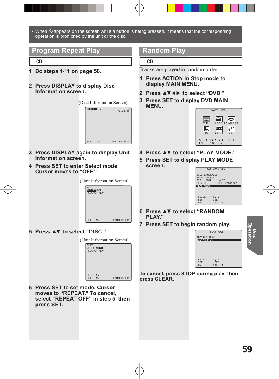 Program repeat play random play, Tracks are played in random order | Panasonic PV-DF204 User Manual | Page 59 / 84