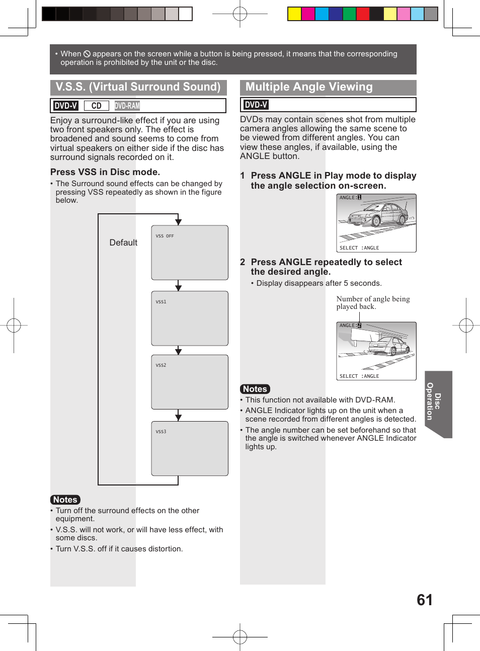 V.s.s. (virtual surround sound), Multiple angle viewing | Panasonic PV-DF204 User Manual | Page 61 / 84