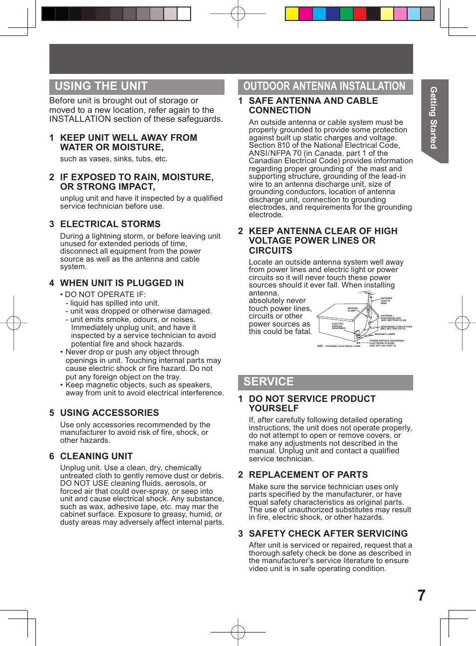 1 safe antenna and cable connection, 1 keep unit well away from water or moisture, 2 if exposed to rain, moisture, or strong impact | 3 electrical storms, 4 when unit is plugged in, 5 using accessories, 6 cleaning unit, 1 do not service product yourself, 2 replacement of parts, 3 safety check after servicing | Panasonic PV-DF204 User Manual | Page 7 / 84