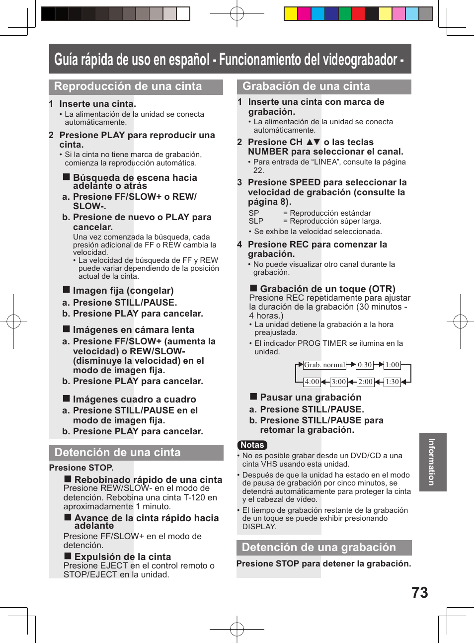 Reproducción de una cinta, Detención de una cinta, Grabación de una cinta | Detención de una grabación | Panasonic PV-DF204 User Manual | Page 73 / 84