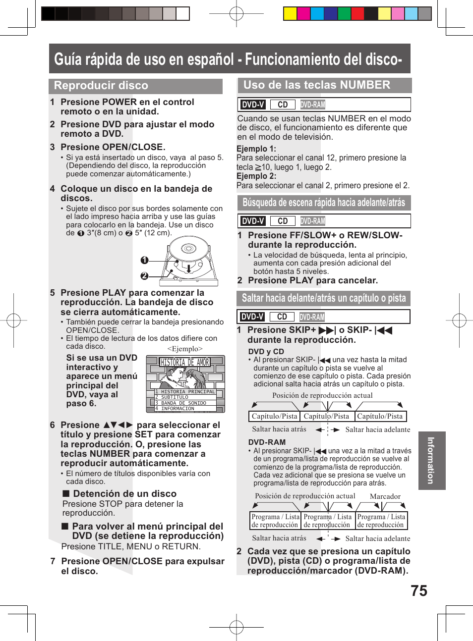 Reproducir disco, Uso de las teclas number, Historia de amor | Panasonic PV-DF204 User Manual | Page 75 / 84