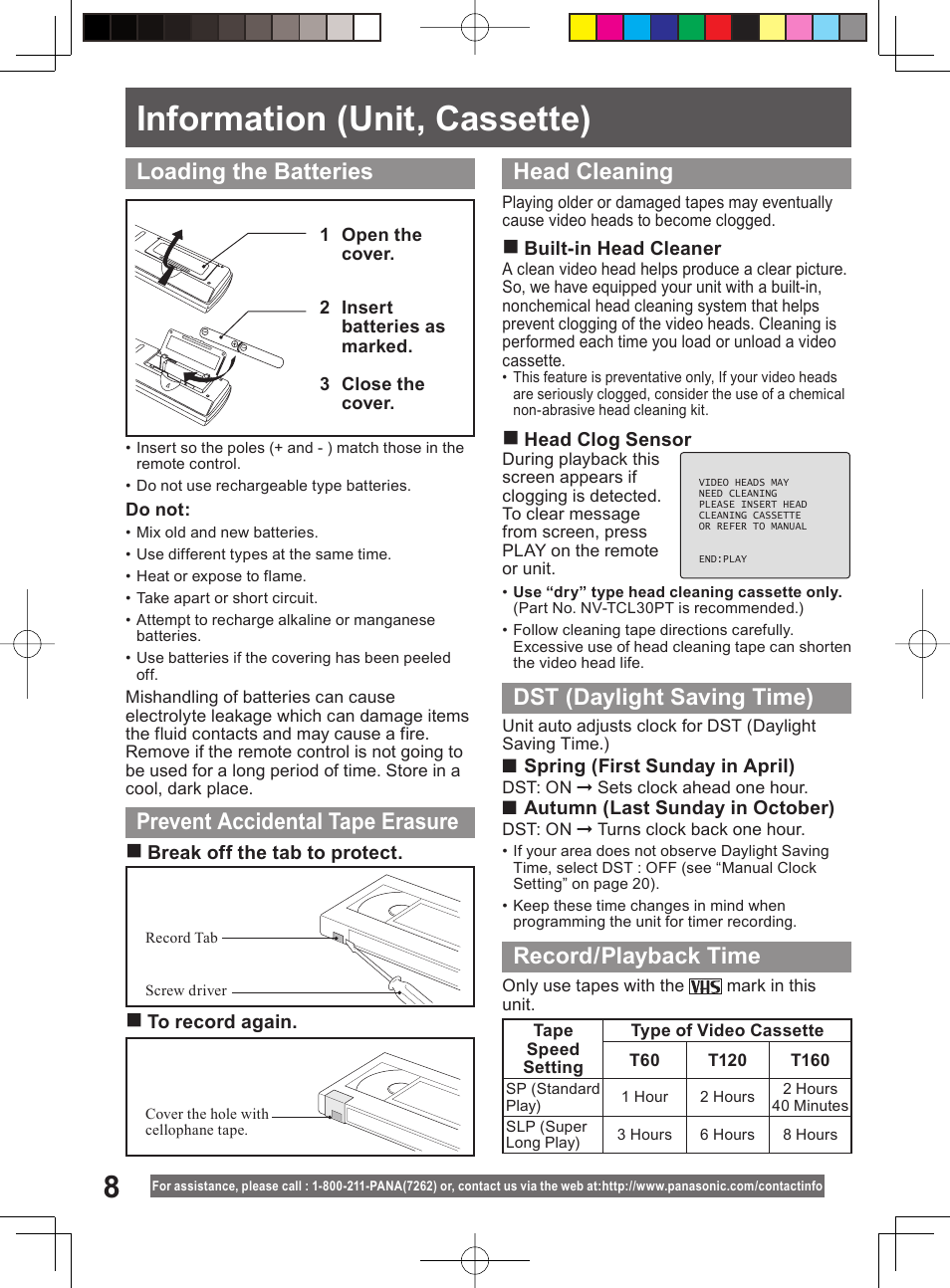 Information (unit, cassette), Record/playback time, Dst (daylight saving time) | Panasonic PV-DF204 User Manual | Page 8 / 84