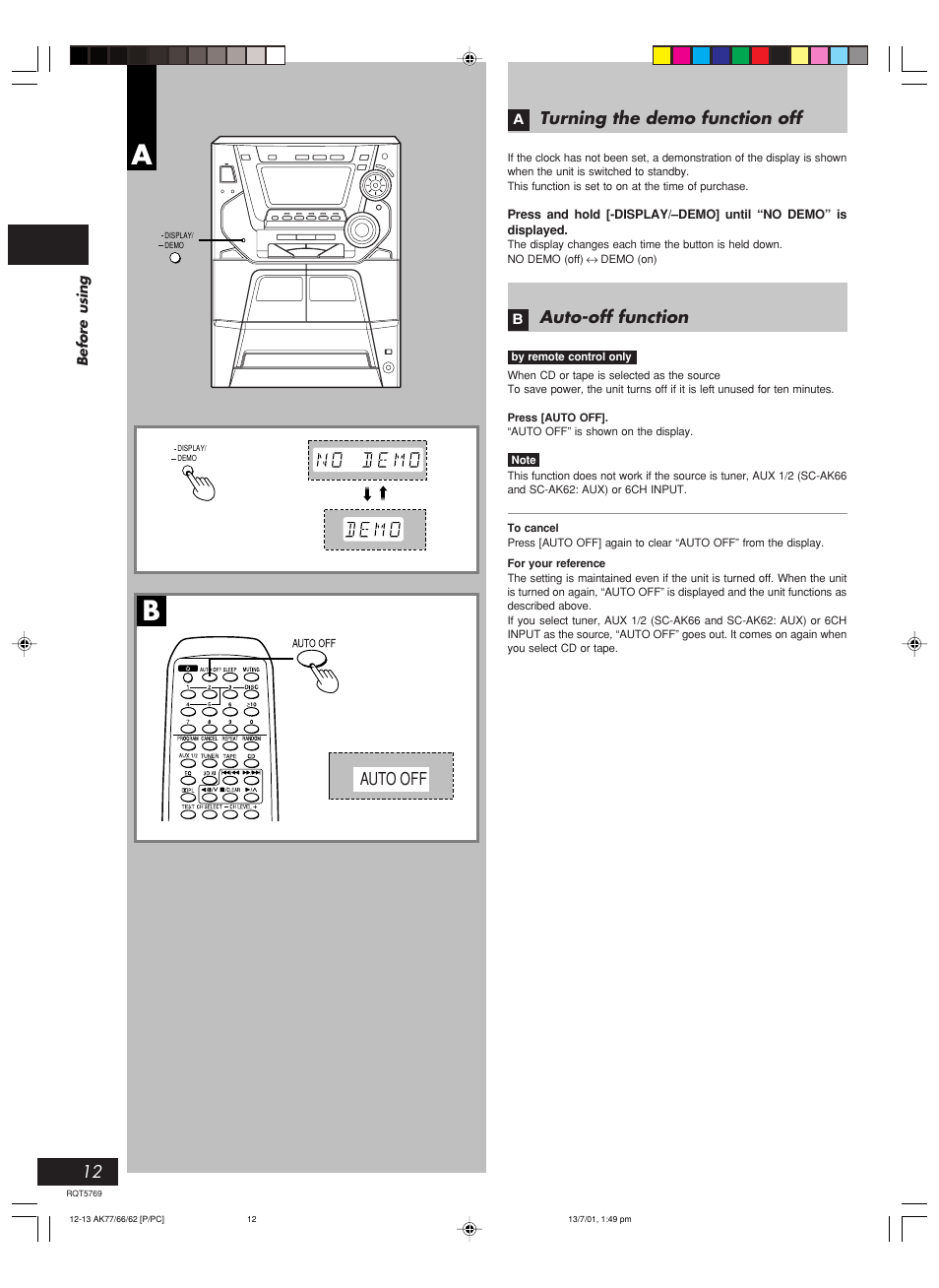 Auto off, Turning the demo function off, Auto-off function | Panasonic SC-AK62 User Manual | Page 12 / 40