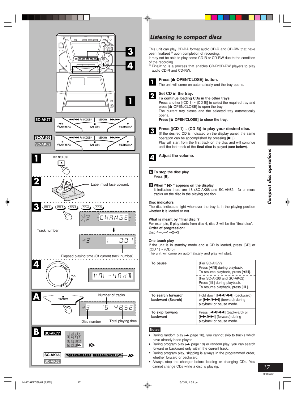 12 4 3 a, Listening to compact discs | Panasonic SC-AK62 User Manual | Page 17 / 40