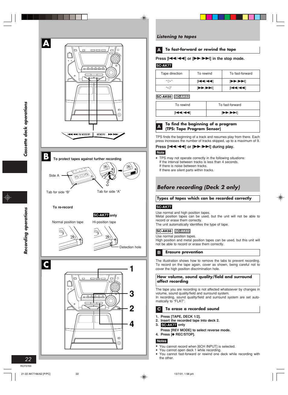 Ab c, Before recording (deck 2 only) | Panasonic SC-AK62 User Manual | Page 22 / 40