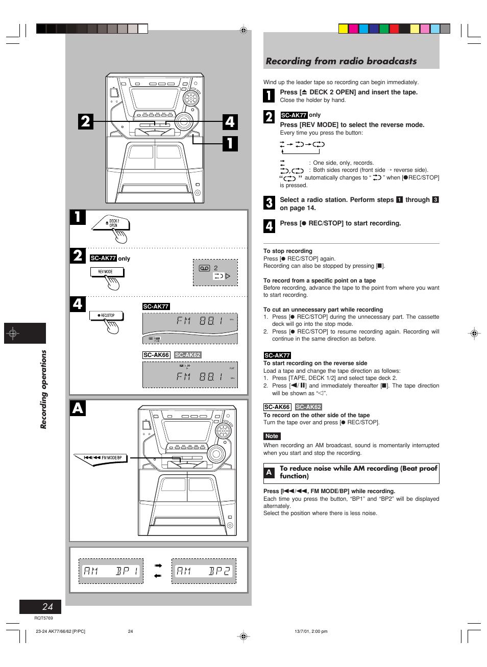 A1 2 4, Recording from radio broadcasts | Panasonic SC-AK62 User Manual | Page 24 / 40