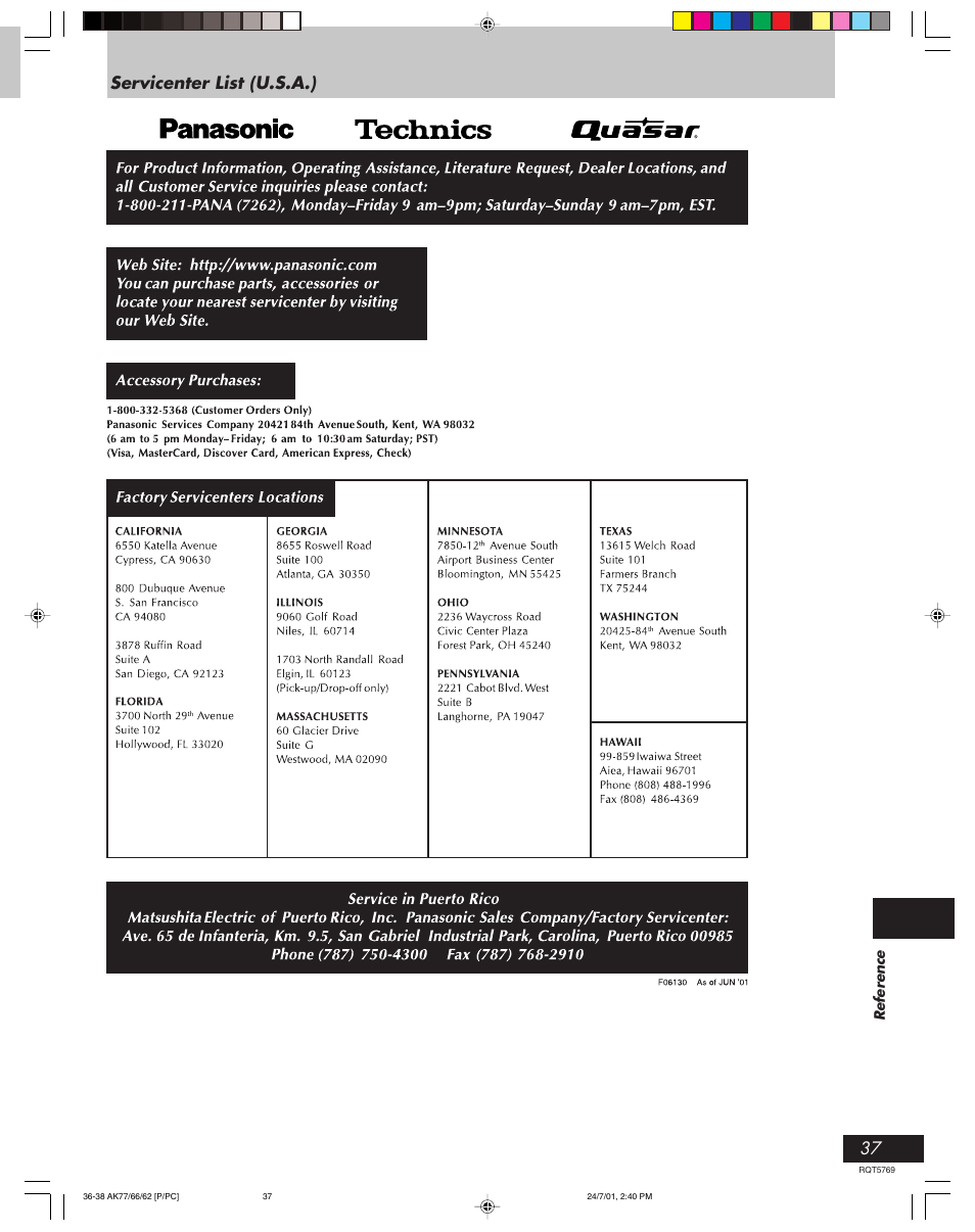 Servicenter list (u.s.a.) | Panasonic SC-AK62 User Manual | Page 37 / 40