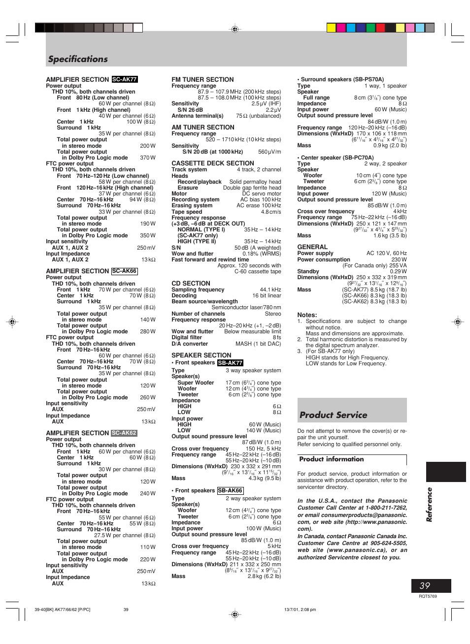 Specifications, Product service, Reference | Panasonic SC-AK62 User Manual | Page 39 / 40