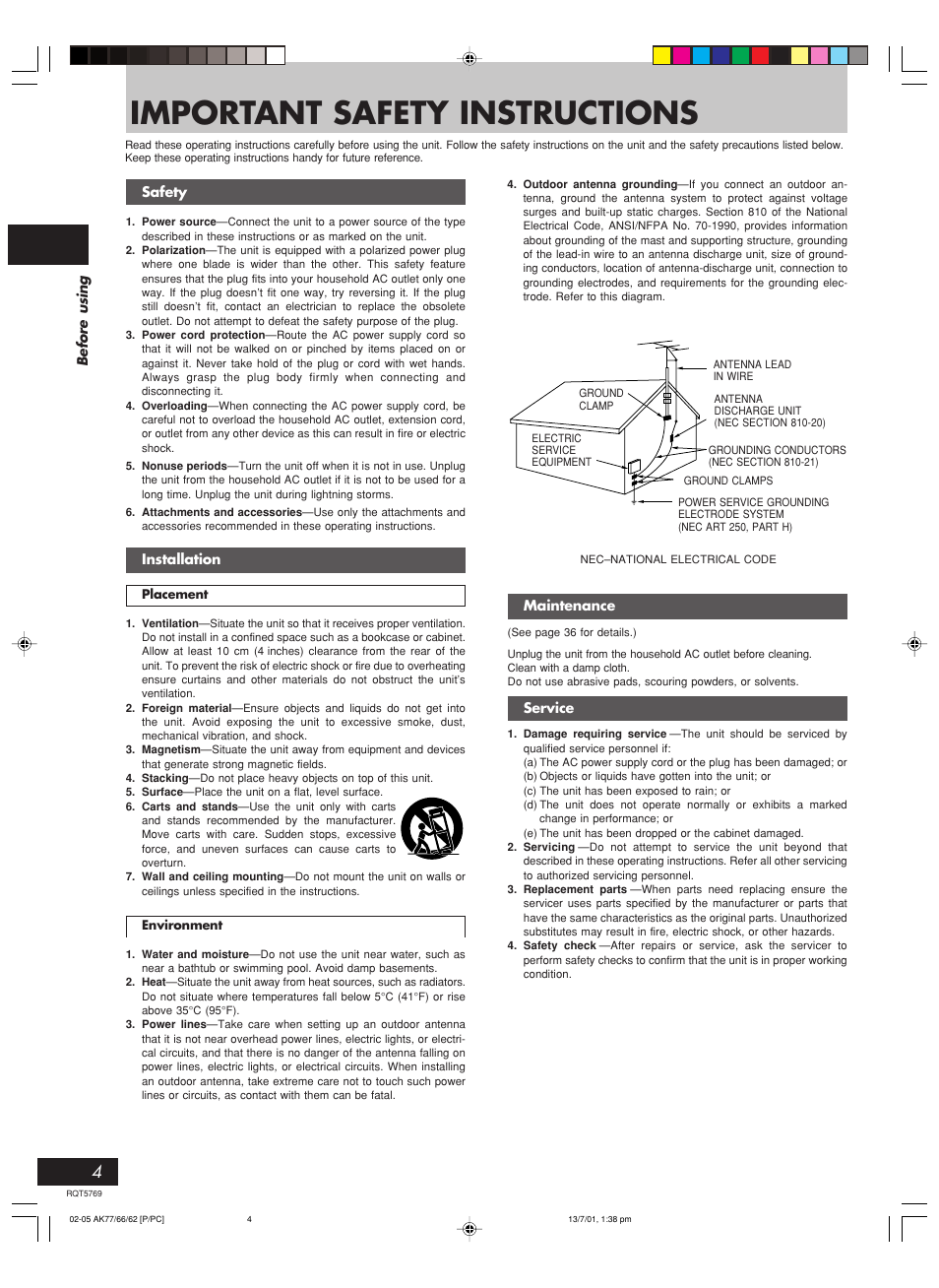 Important safety instructions | Panasonic SC-AK62 User Manual | Page 4 / 40