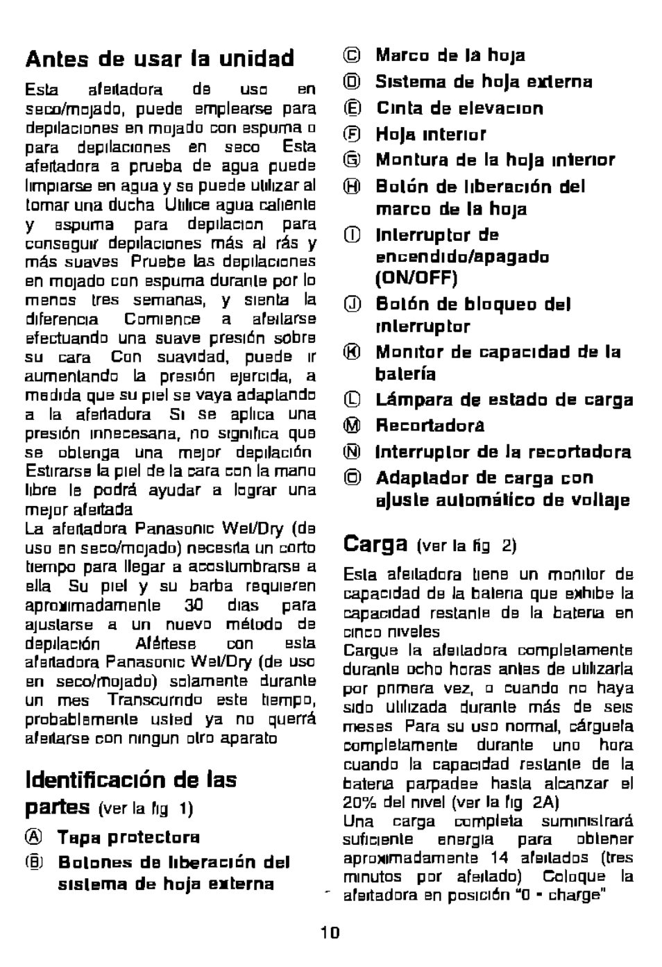 Antes de usar la unidad, Identificación de las partes, Carga | Gn/gff) | Panasonic ES881 User Manual | Page 10 / 20