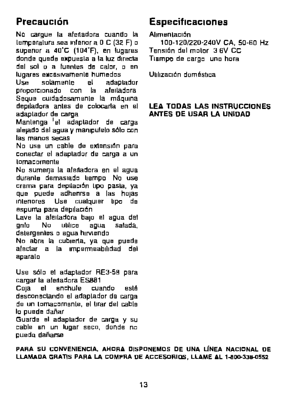 Especificaciones, Precaución | Panasonic ES881 User Manual | Page 13 / 20
