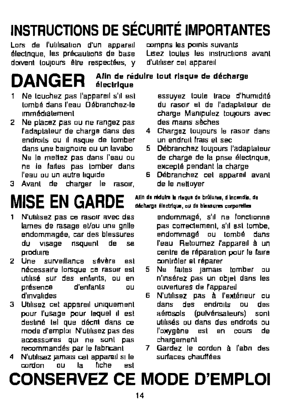 Mise en garde, Conservez ce mode d’emploi, Instructions de securite importantes | Panasonic ES881 User Manual | Page 14 / 20