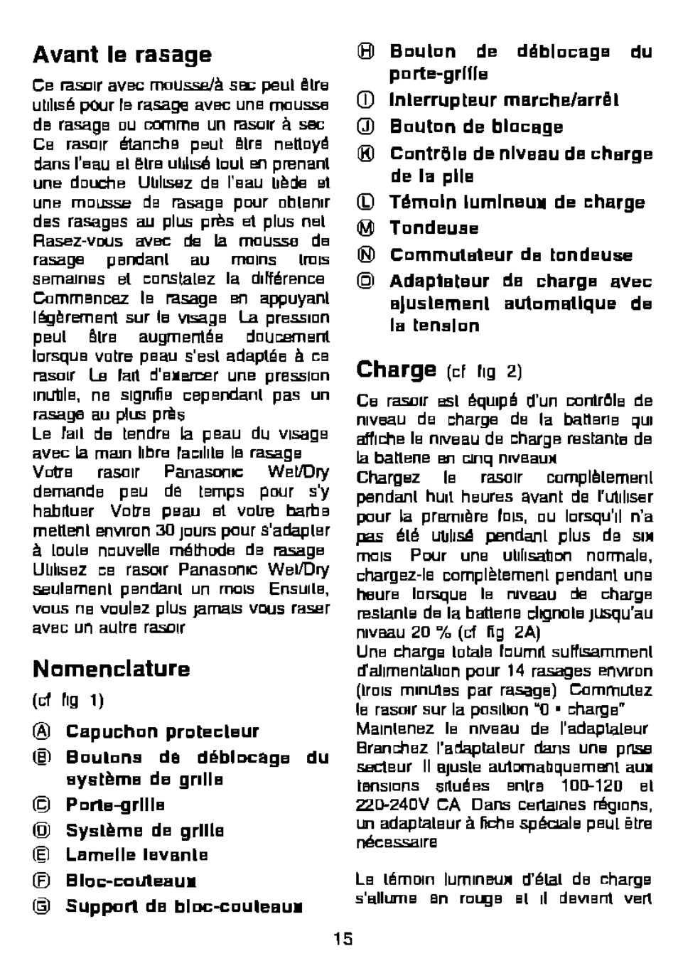 Avant le rasage, Namenclature, Charge (cf | Commancez, 0 bloc-cauteaui, 0 inlerruptbur rnsrchb/arrêl | Panasonic ES881 User Manual | Page 15 / 20