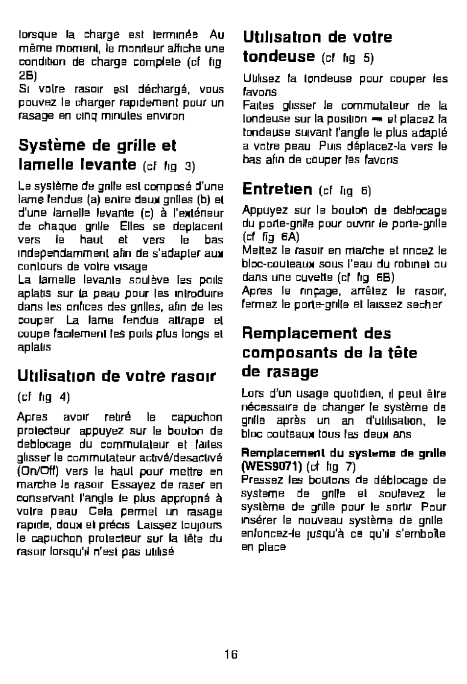 Système de grille et lamelle levante, Utilisation de votre rasoir, Utilisation de votre tondeuse | Entretien, Remplacement des composants de la tête de rasage | Panasonic ES881 User Manual | Page 16 / 20