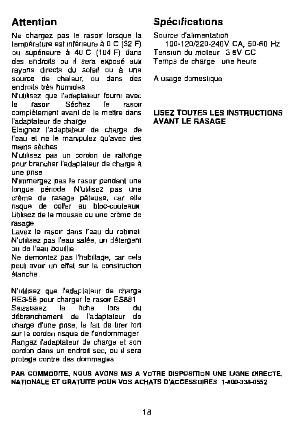 Attention, Spécifications | Panasonic ES881 User Manual | Page 18 / 20