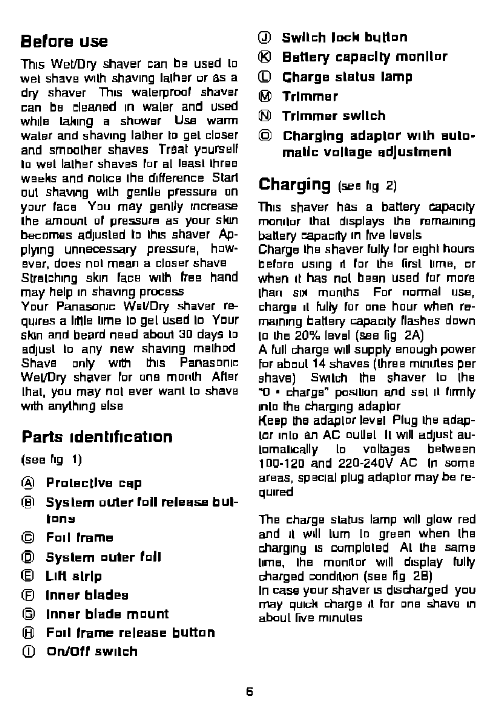 Before use, Parts identification, Charging | Panasonic ES881 User Manual | Page 6 / 20