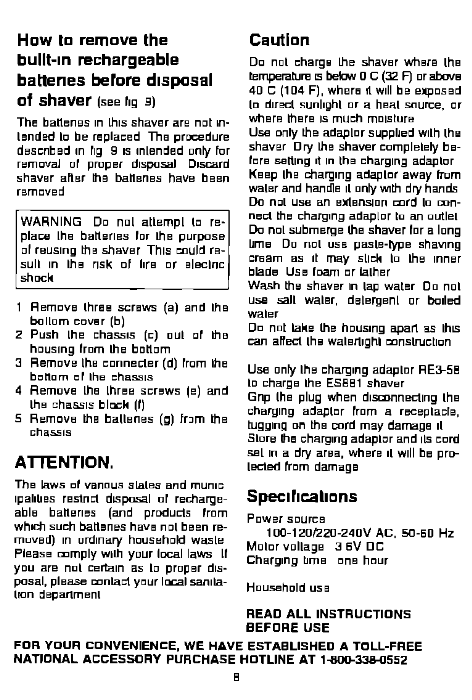 Attention, Caution, Specifica lions | Panasonic ES881 User Manual | Page 8 / 20