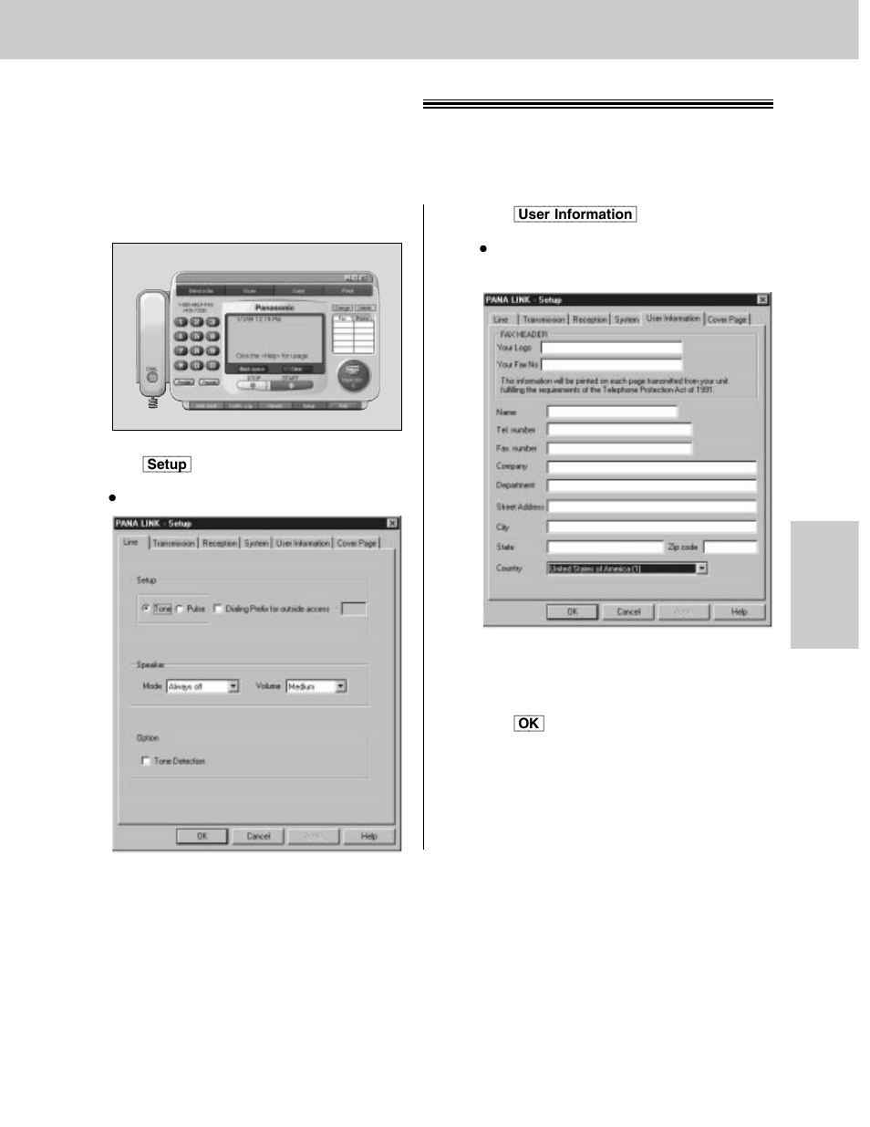 Setup (pc), Setting user information | Panasonic KX-FLM600 User Manual | Page 87 / 156
