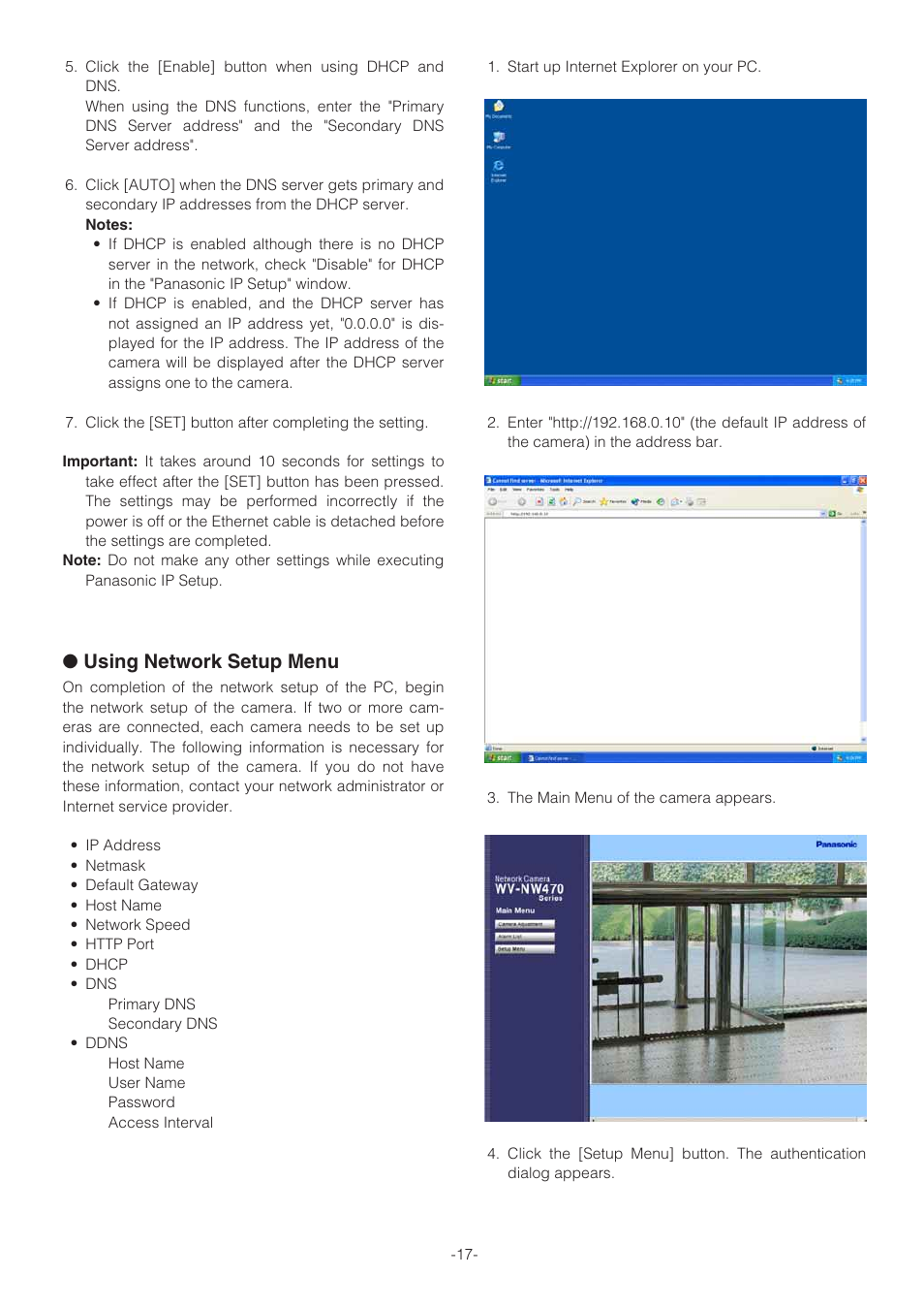 Using network setup menu | Panasonic WV-NW470S User Manual | Page 17 / 35