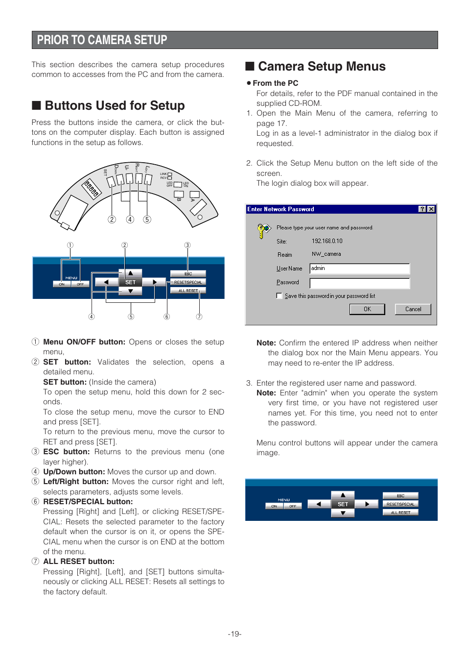 Prior to camera setup, Buttons used for setup, Camera setup menus | Prior to camera setup ■ camera setup menus | Panasonic WV-NW470S User Manual | Page 19 / 35