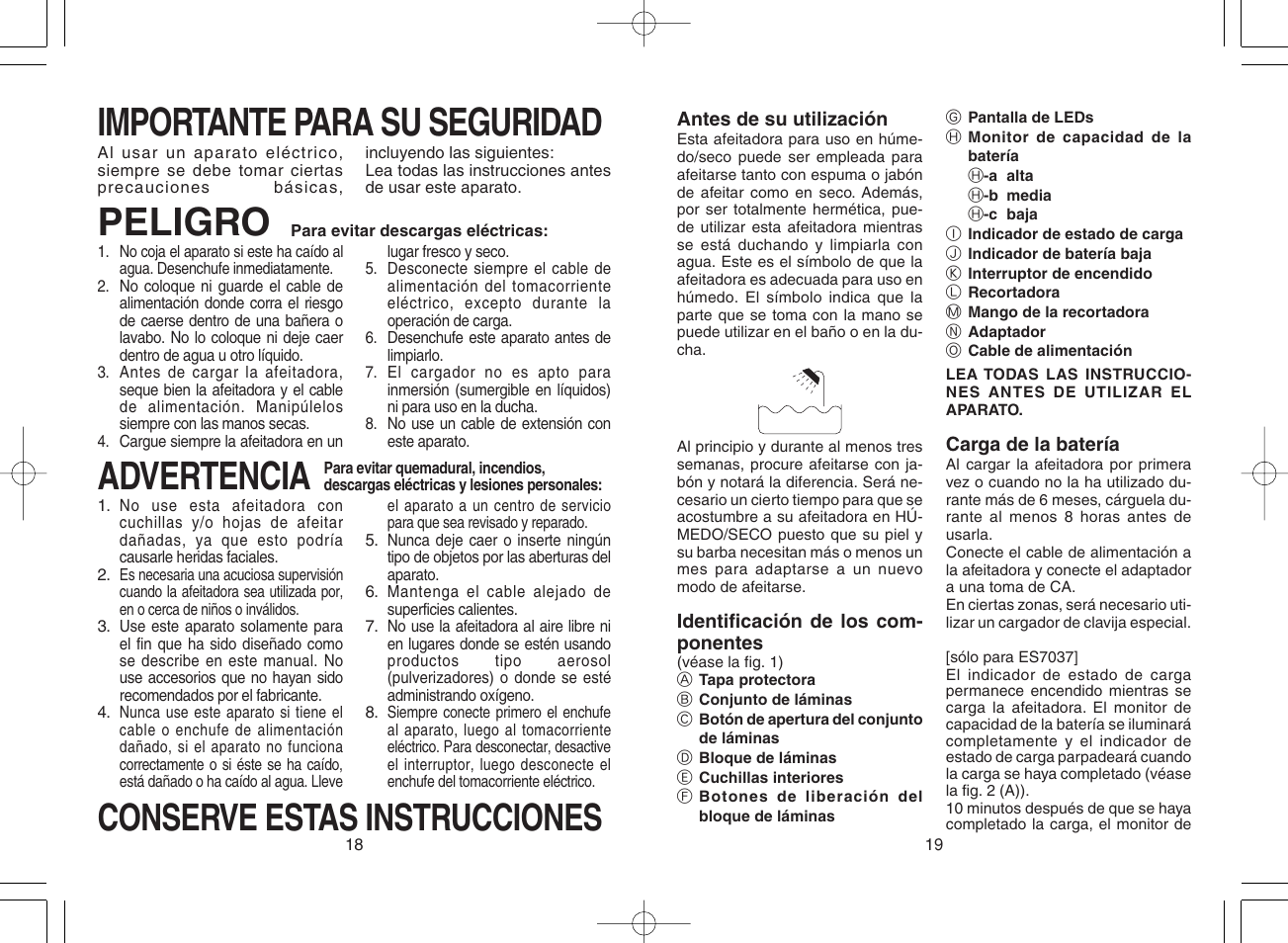 Importante para su seguridad, Peligro, Advertencia | Conserve estas instrucciones | Panasonic ES7037 User Manual | Page 10 / 12