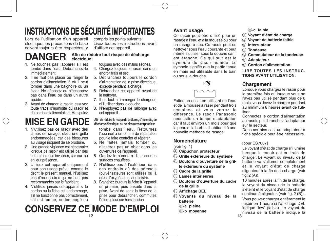 Instructions de sécurité importantes, Danger, Mise en garde | Conservez ce mode d’emploi | Panasonic ES7037 User Manual | Page 7 / 12