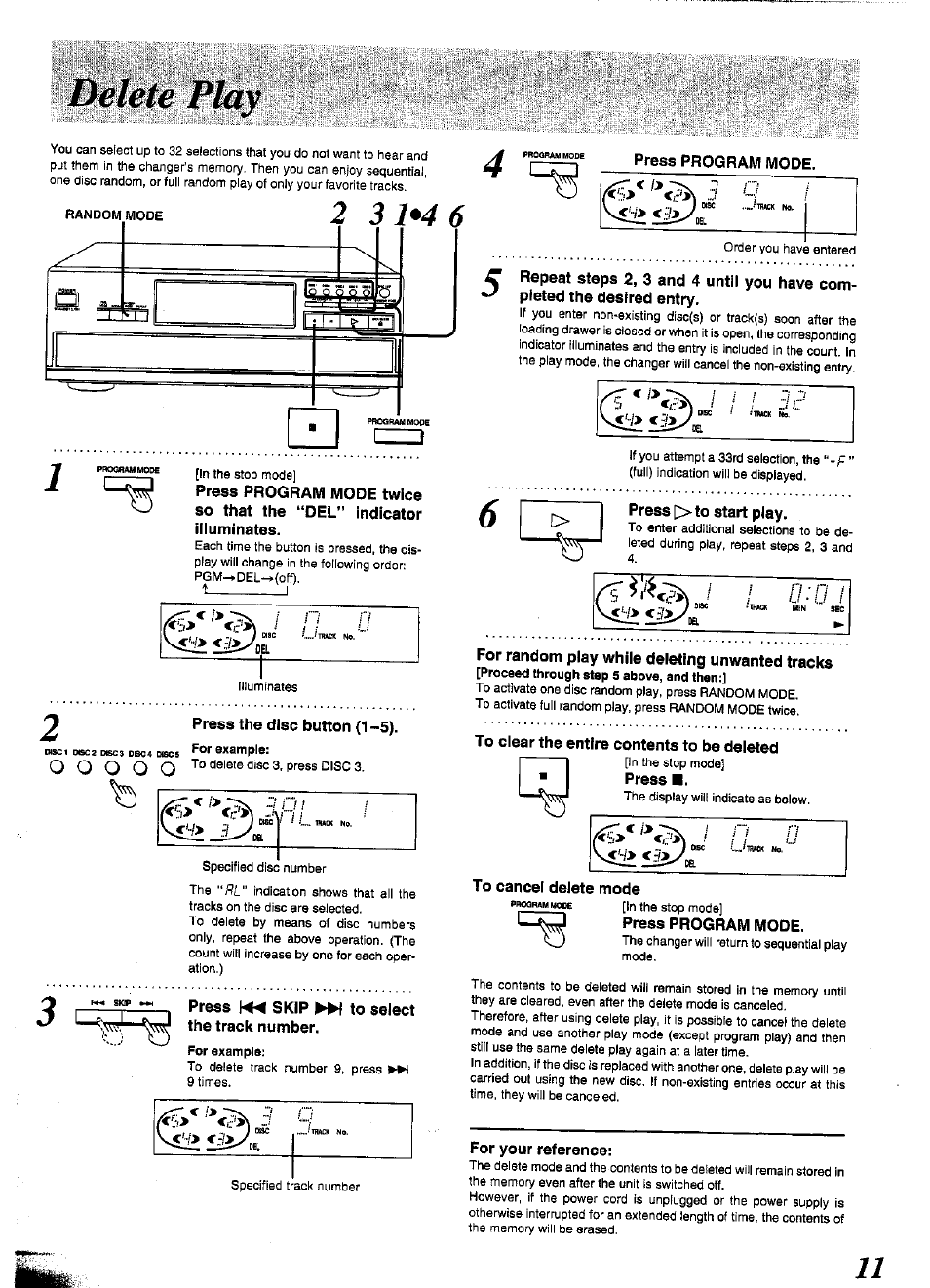 Press the disc button (1 -5), Press \44 skip ») to select the track number, Press program mode | Press [> to start play, For random play while deleting unwanted tracks, To clear the entire contents to be deleted, Press, To cancel delete mode, L-^ press program mode, For your reference | Panasonic SL-PD1349 User Manual | Page 11 / 16