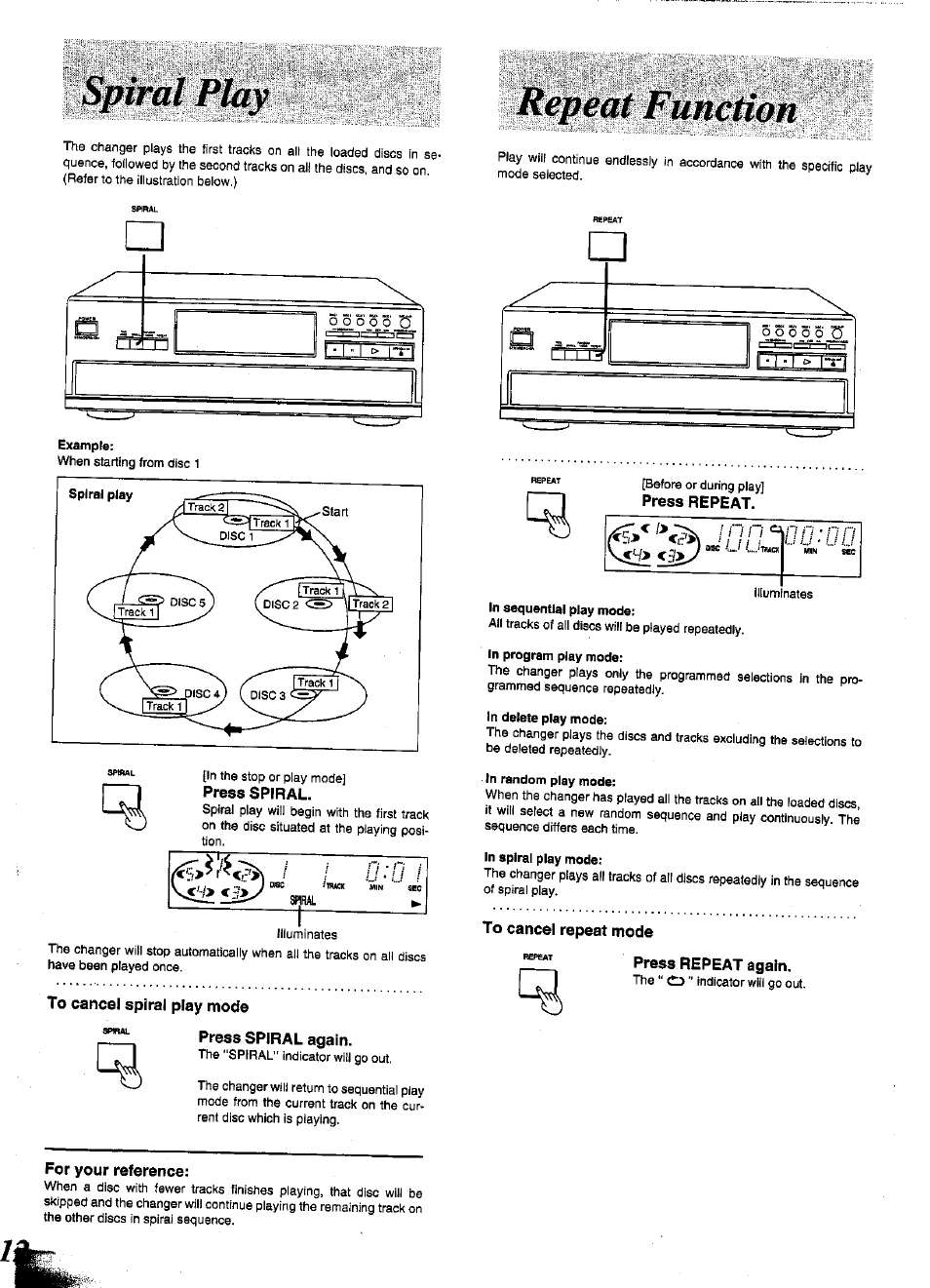 To cancel spiral play mode, Press spiral again, Press repeat | To cancel repeat mode, For your reference, Ivil i, U lj, U li, It.* f’r'ssv, Yc^/> <5>y / / -■ / ' ; ? f i | Panasonic SL-PD1349 User Manual | Page 12 / 16