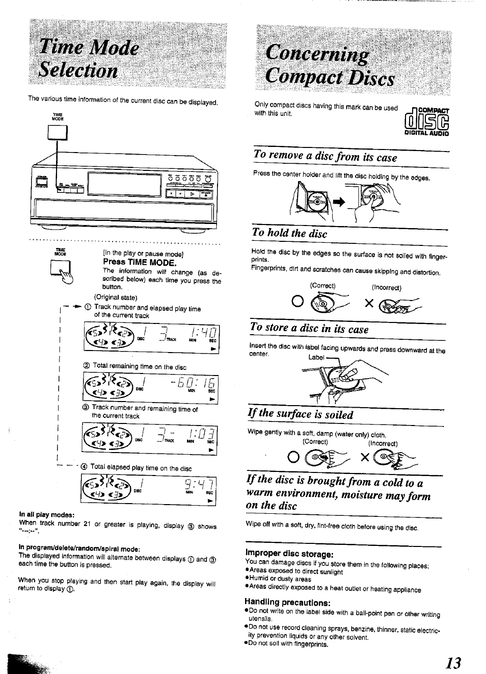 Press time mode, Improper disc storage, Handling precautions | If the surface is soiled | Panasonic SL-PD1349 User Manual | Page 13 / 16