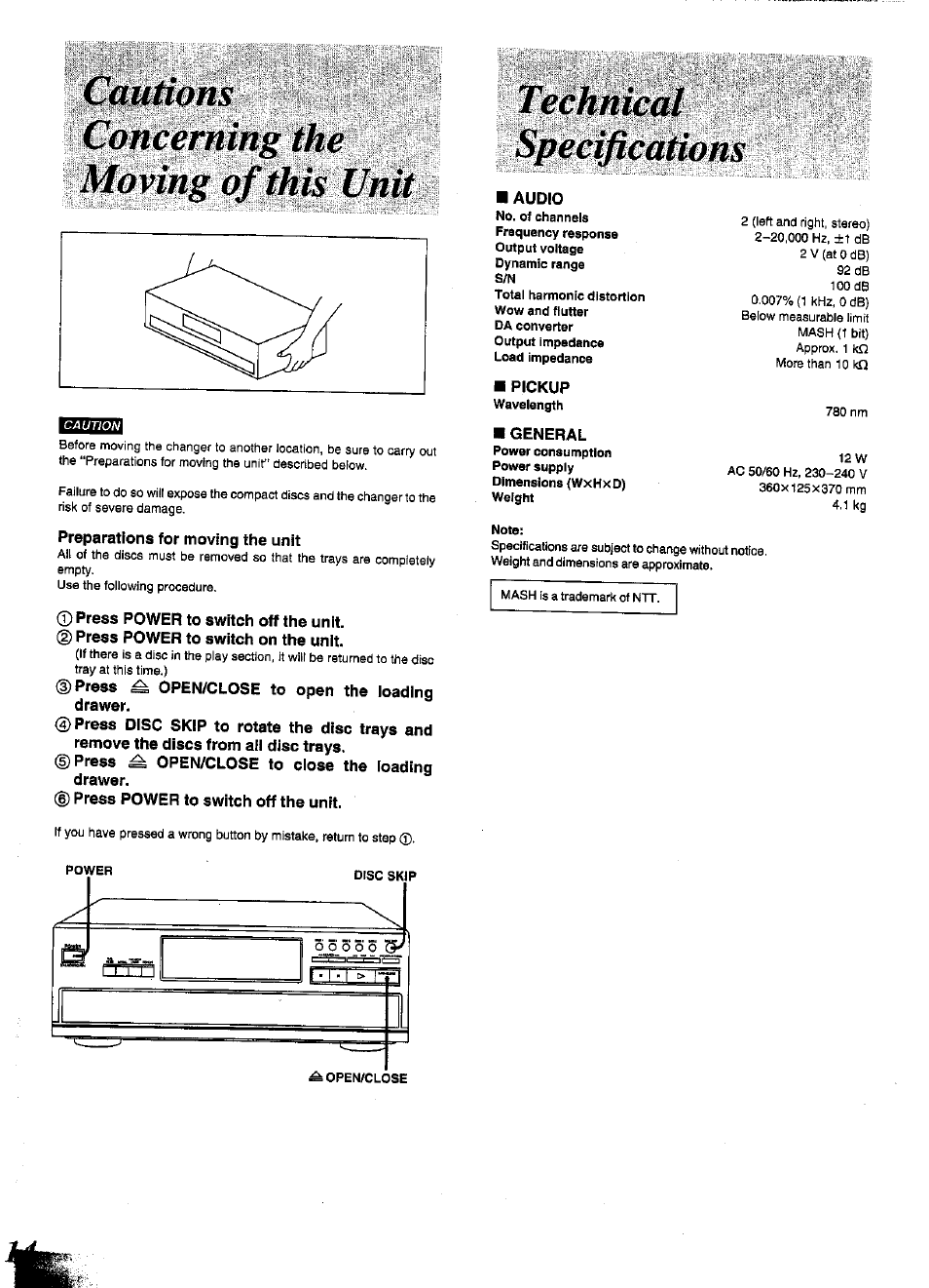 Preparations for moving the unit, Press power to switch off the unit, Press power to switch on the unit | Press ^ open/close to open the loading drawer, Press ^ open/close to close the loading drawer, Audio, Pickup, Ïïmêmmêmmimm | Panasonic SL-PD1349 User Manual | Page 14 / 16