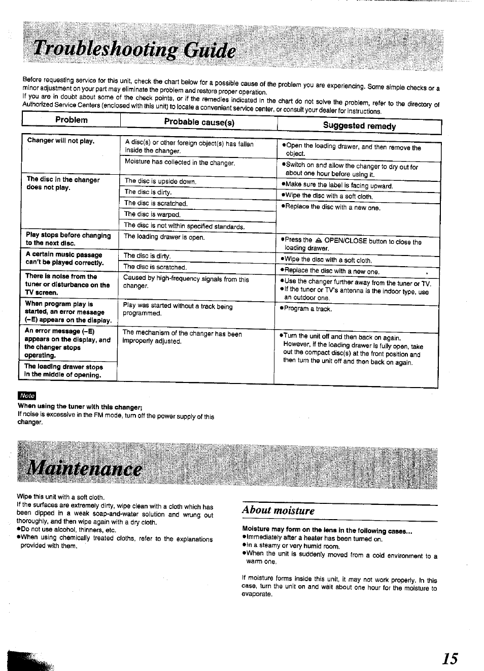 Problem, Probable cause(s), Suggested remedy | About moisture | Panasonic SL-PD1349 User Manual | Page 15 / 16