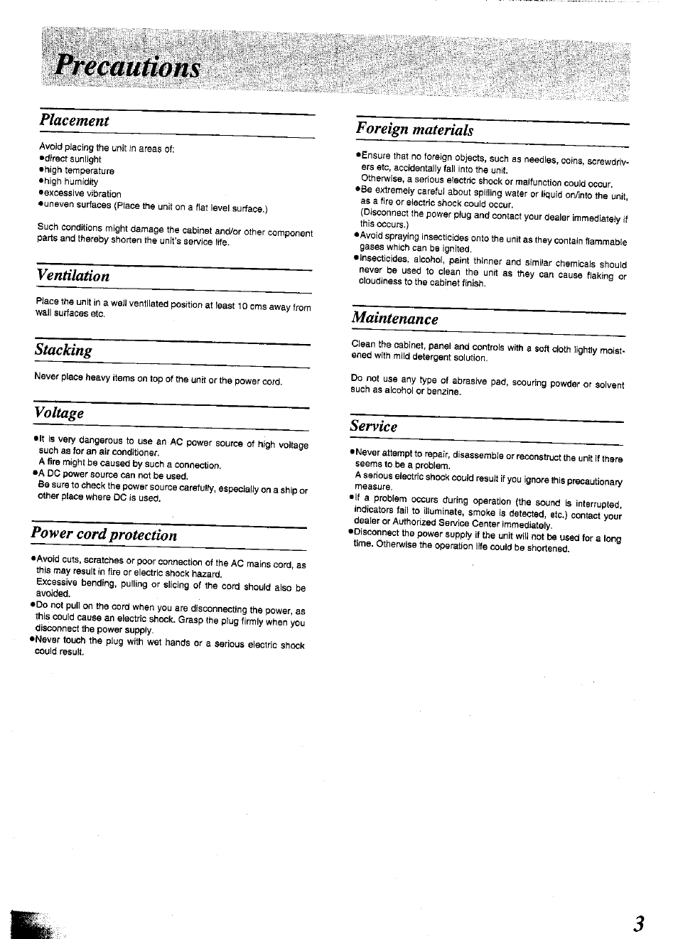 Placement, Ventilation, Stacking | Voltage, Power cord protection, Bil foreign materials, Maintenance, Service | Panasonic SL-PD1349 User Manual | Page 3 / 16