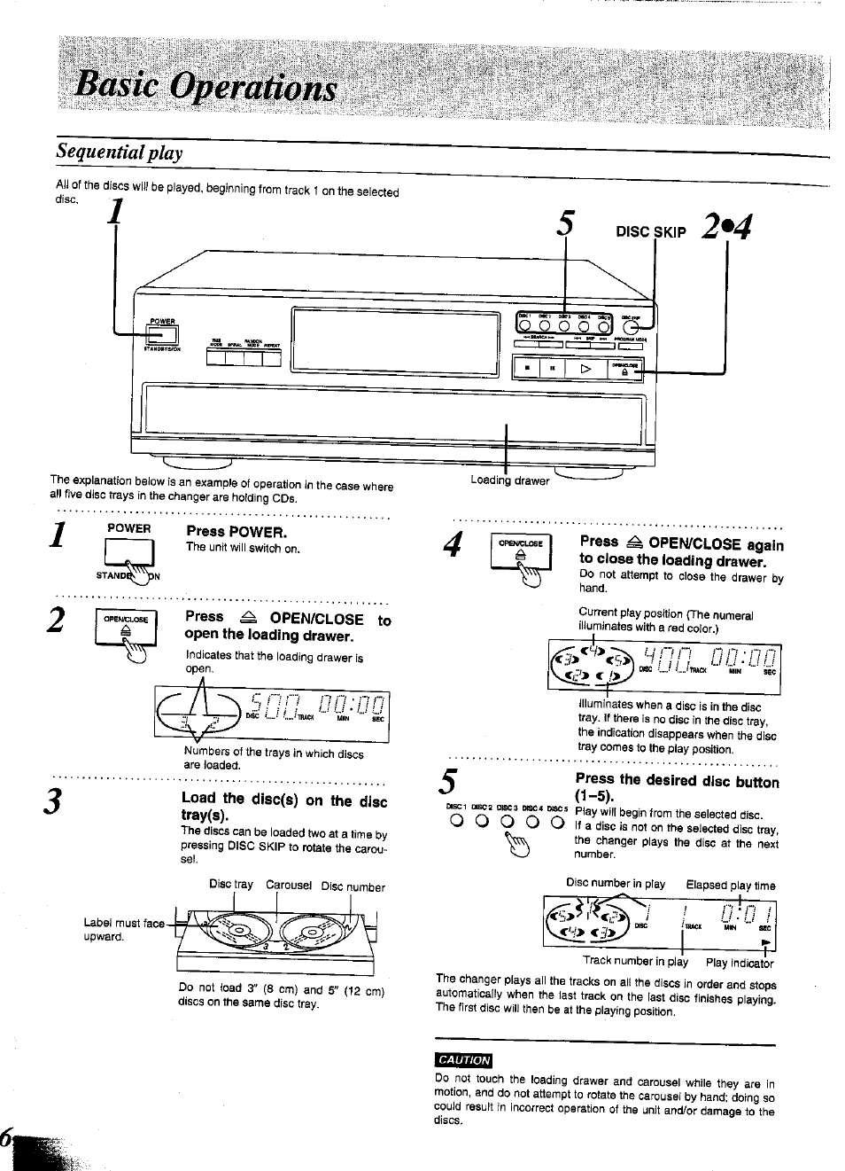 Load the disc(s) on the disc tray(s), Sequential play, Press the desired disc button (1-5) | Panasonic SL-PD1349 User Manual | Page 6 / 16