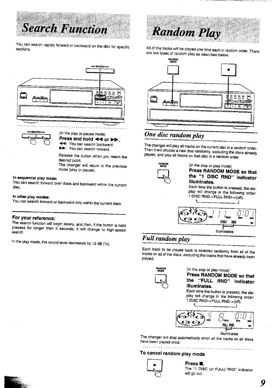 Press and hold « or, For your reference, To cancel random play mode | Press, One disc random play, Full random play | Panasonic SL-PD1349 User Manual | Page 9 / 16