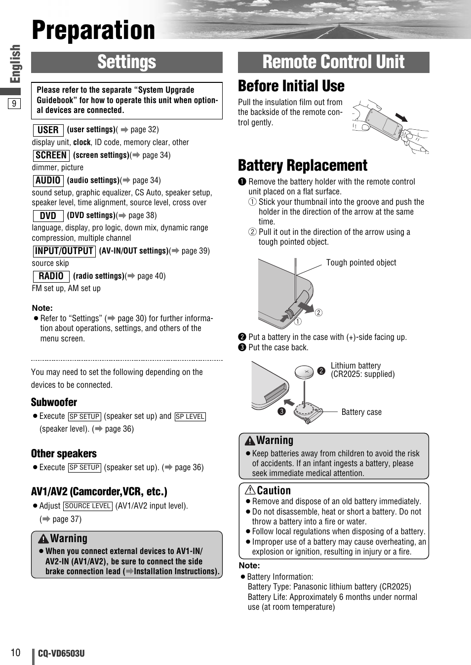 Preparation, Settings, Remote control unit | Battery replacement, Before initial use, English, Subwoofer, Other speakers, Av1/av2 (camcorder,vcr, etc.), Warning | Panasonic CQ-VD6503U User Manual | Page 10 / 150