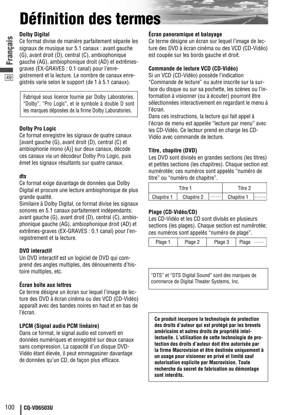 Definition des termes, Définition des termes, Français | Panasonic CQ-VD6503U User Manual | Page 100 / 150