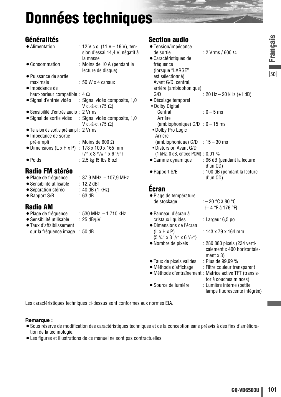 Donnees techniques, Données techniques, Français | Généralités, Radio fm stéréo, Radio am, Écran | Panasonic CQ-VD6503U User Manual | Page 101 / 150