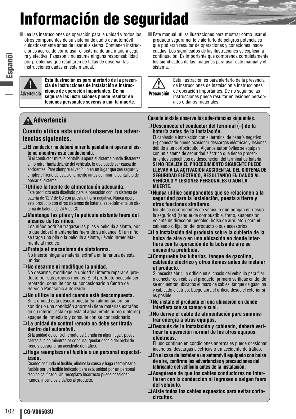 Espanol, Informacion de seguridad, Información de seguridad | Espanõl, Advertencia | Panasonic CQ-VD6503U User Manual | Page 102 / 150