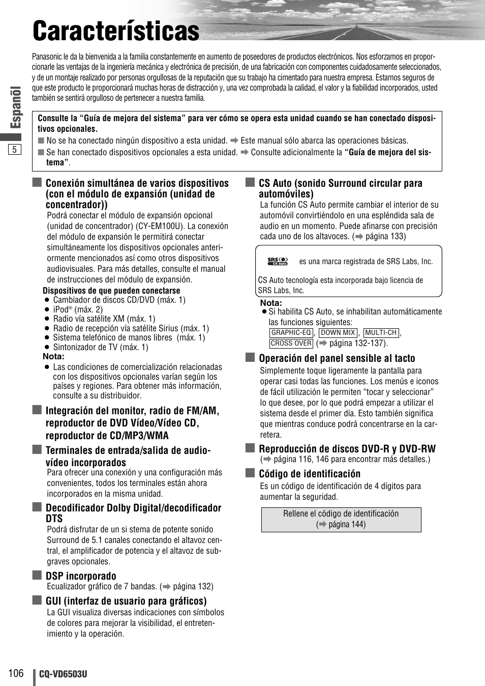 Caracteristicas, Características, Espanõl | Panasonic CQ-VD6503U User Manual | Page 106 / 150