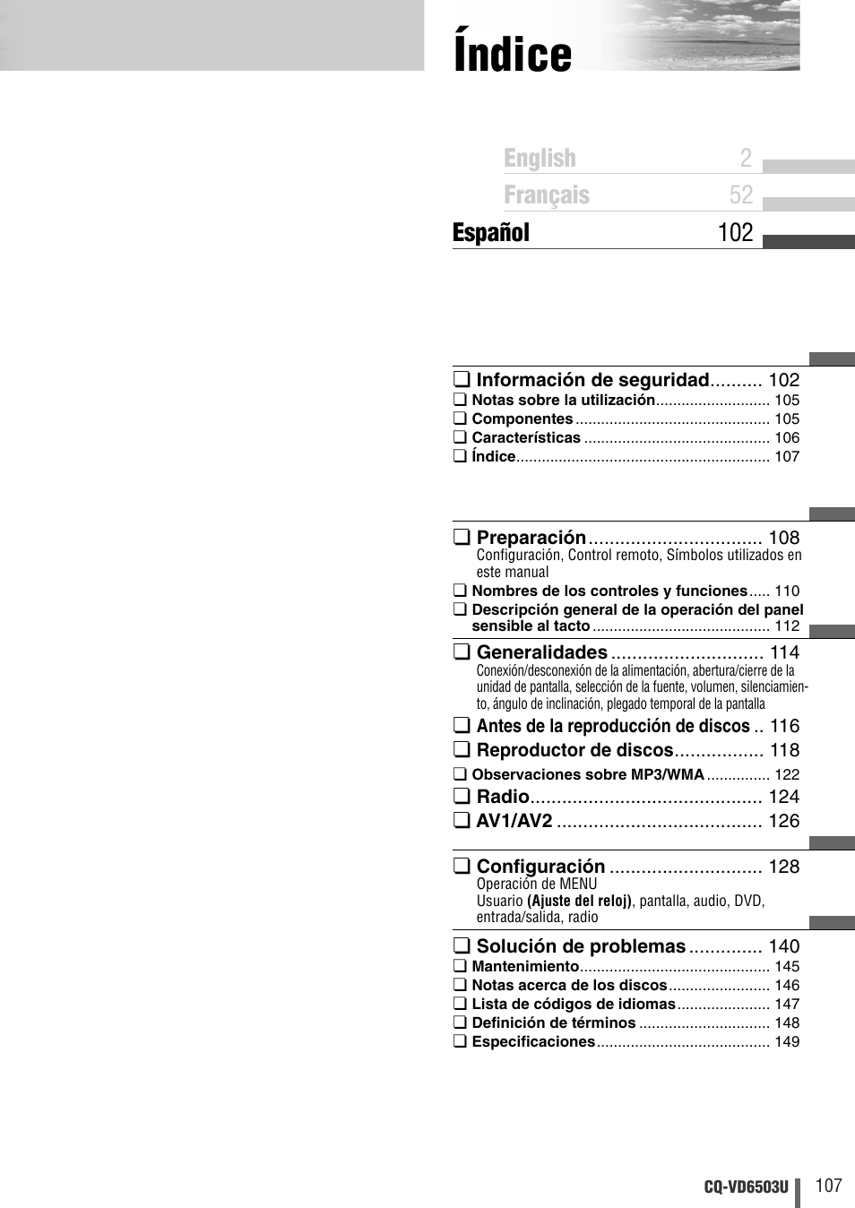 Indice, Índice | Panasonic CQ-VD6503U User Manual | Page 107 / 150