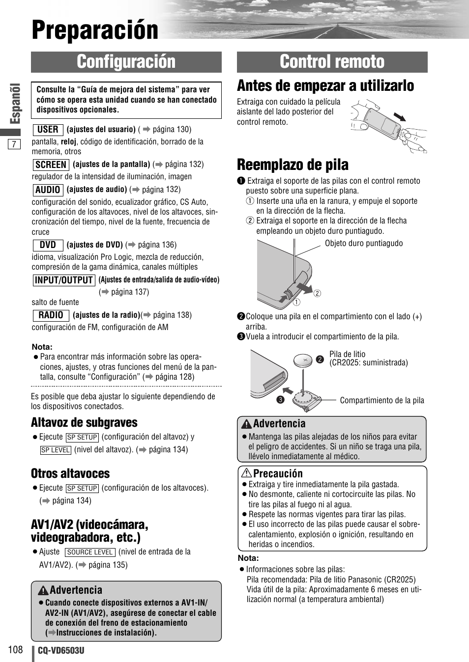 Preparacion, Preparación, Configuración | Control remoto, Reemplazo de pila, Antes de empezar a utilizarlo, Espanõl, Altavoz de subgraves, Otros altavoces, Av1/av2 (videocámara, videograbadora, etc.) | Panasonic CQ-VD6503U User Manual | Page 108 / 150