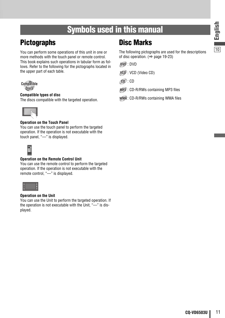 Symbols used in this manual, Disc marks, Pictographs | English | Panasonic CQ-VD6503U User Manual | Page 11 / 150