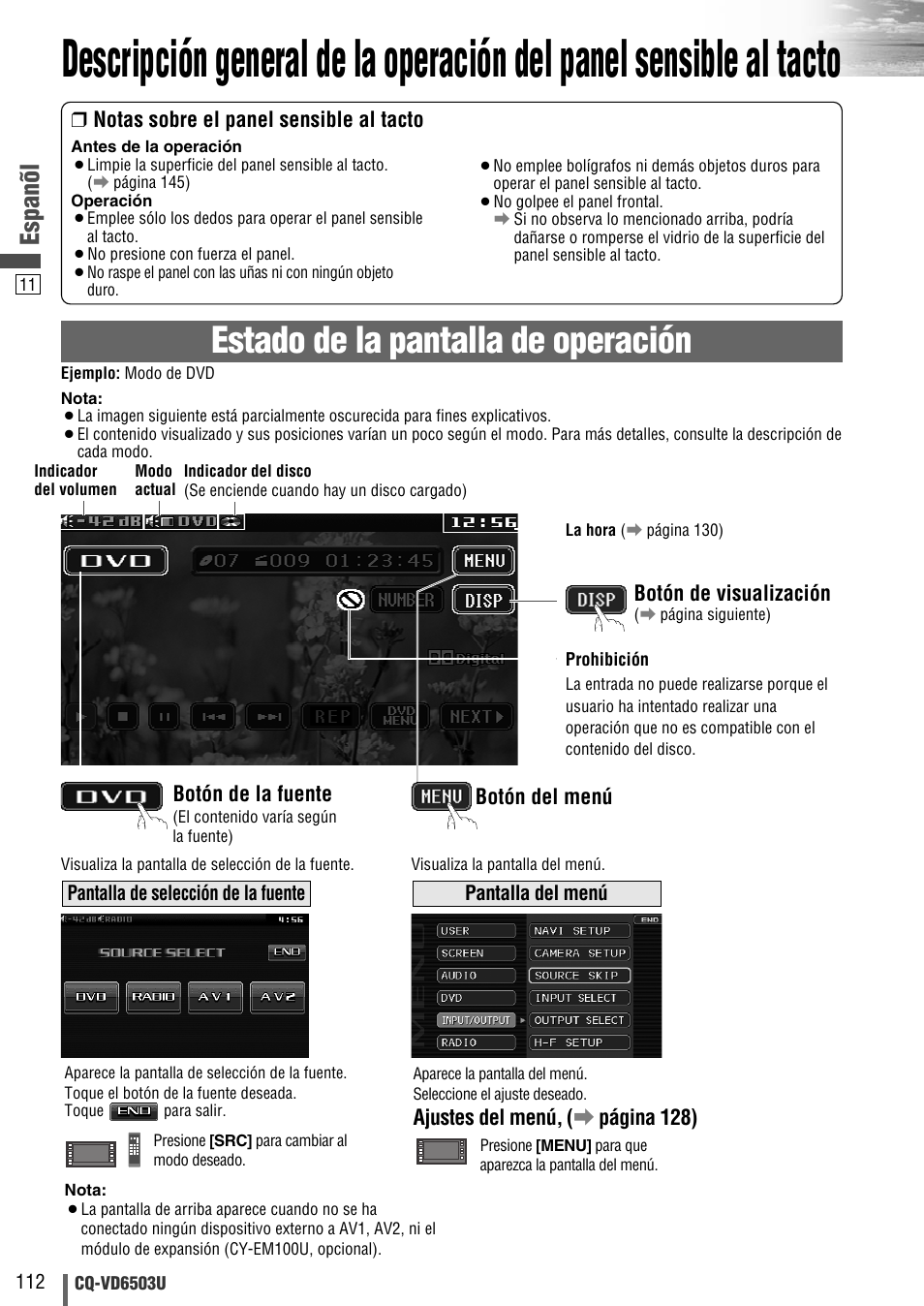 Estado de la pantalla de operación, Espanõl | Panasonic CQ-VD6503U User Manual | Page 112 / 150