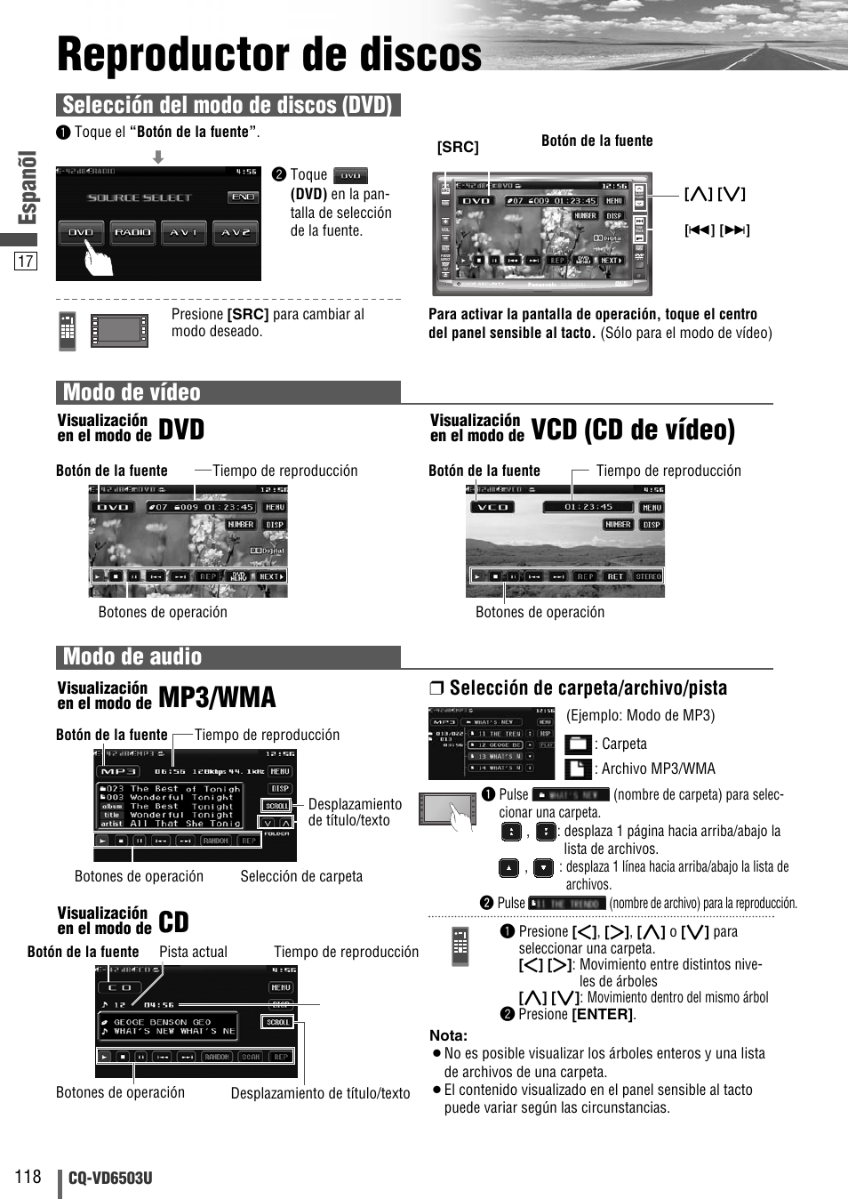 Reproductor de discos, Vcd (cd de vídeo), Mp3/wma | Espanõl, Modo de vídeo, Modo de audio, Selección del modo de discos (dvd), Selección de carpeta/archivo/pista | Panasonic CQ-VD6503U User Manual | Page 118 / 150
