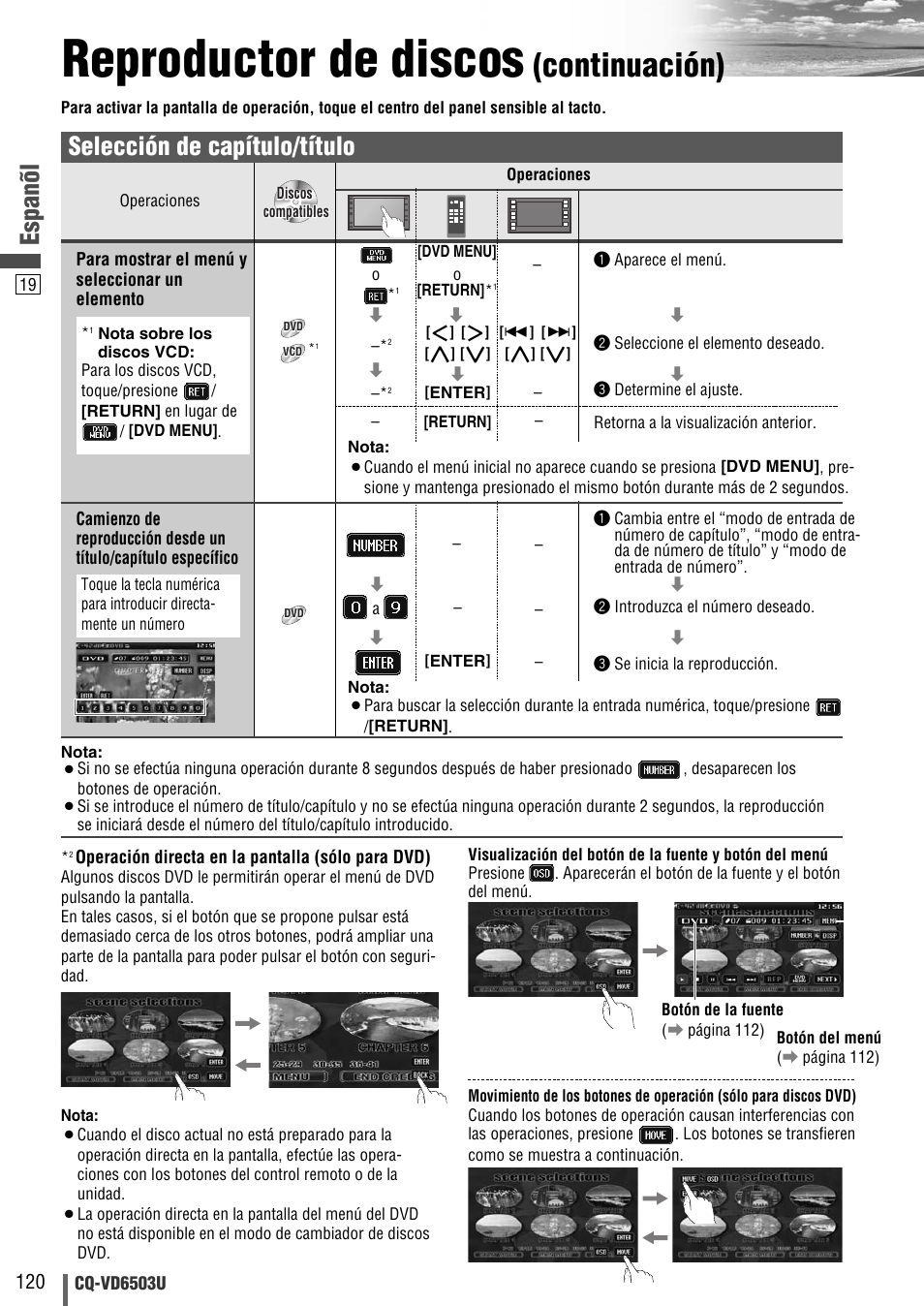 Reproductor de discos, Continuación), Espanõl | Selección de capítulo/título | Panasonic CQ-VD6503U User Manual | Page 120 / 150